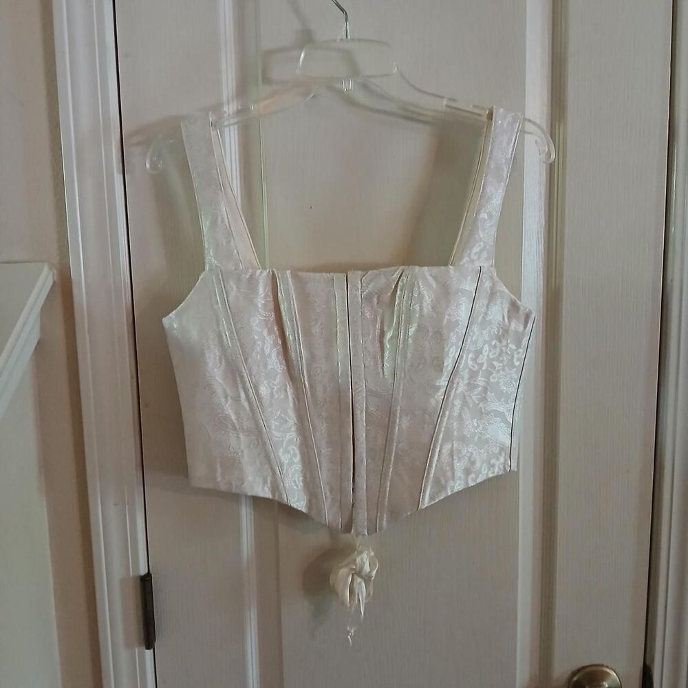 Ivory jacquard floral bustier corset crop top lace up back L Coquette Regency